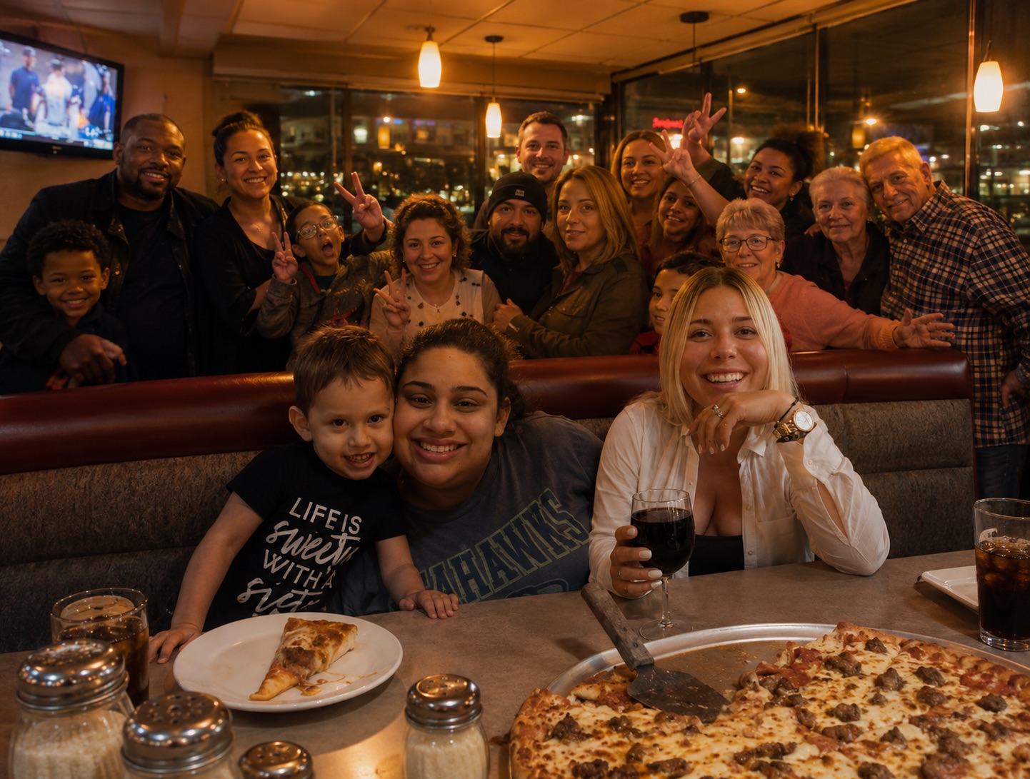 Happy guests enjoying food at Astoria Pizza and Pasta